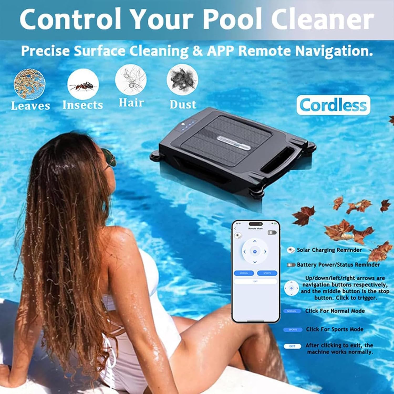 Automatic Solar Pool Skimmer Robot, Robotic Pool Skimmer Cleaner Cordless Pool Cleaning Robot for Pool Surface Dual Charging Options Smart Obstacle Detection