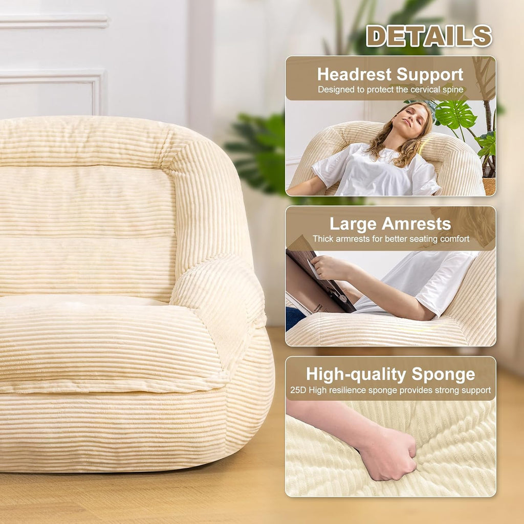 Giant Bean Bag Chair with Armrests - Oversized Cozy Seating for Adults, Corduroy Fabric & High-Resilience Foam Filling, Ideal Lounge for Living Room, Bedroom & Gaming Room (White)