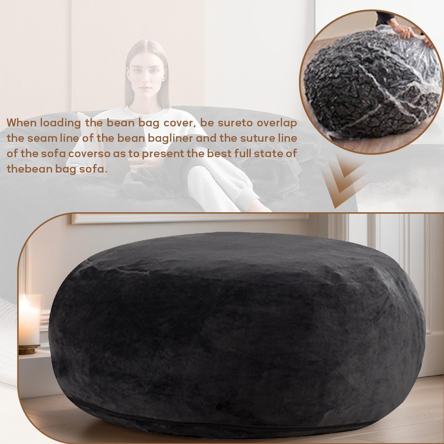 SANAE Oversized Memory Foam Bean Bag Chair for Adults - Corduroy Fabric with Filler, Gaming & Movie Night Furniture, Large Bean Bag Sofa for Living Room/Dorm/Bedroom (Black, 6FT)
