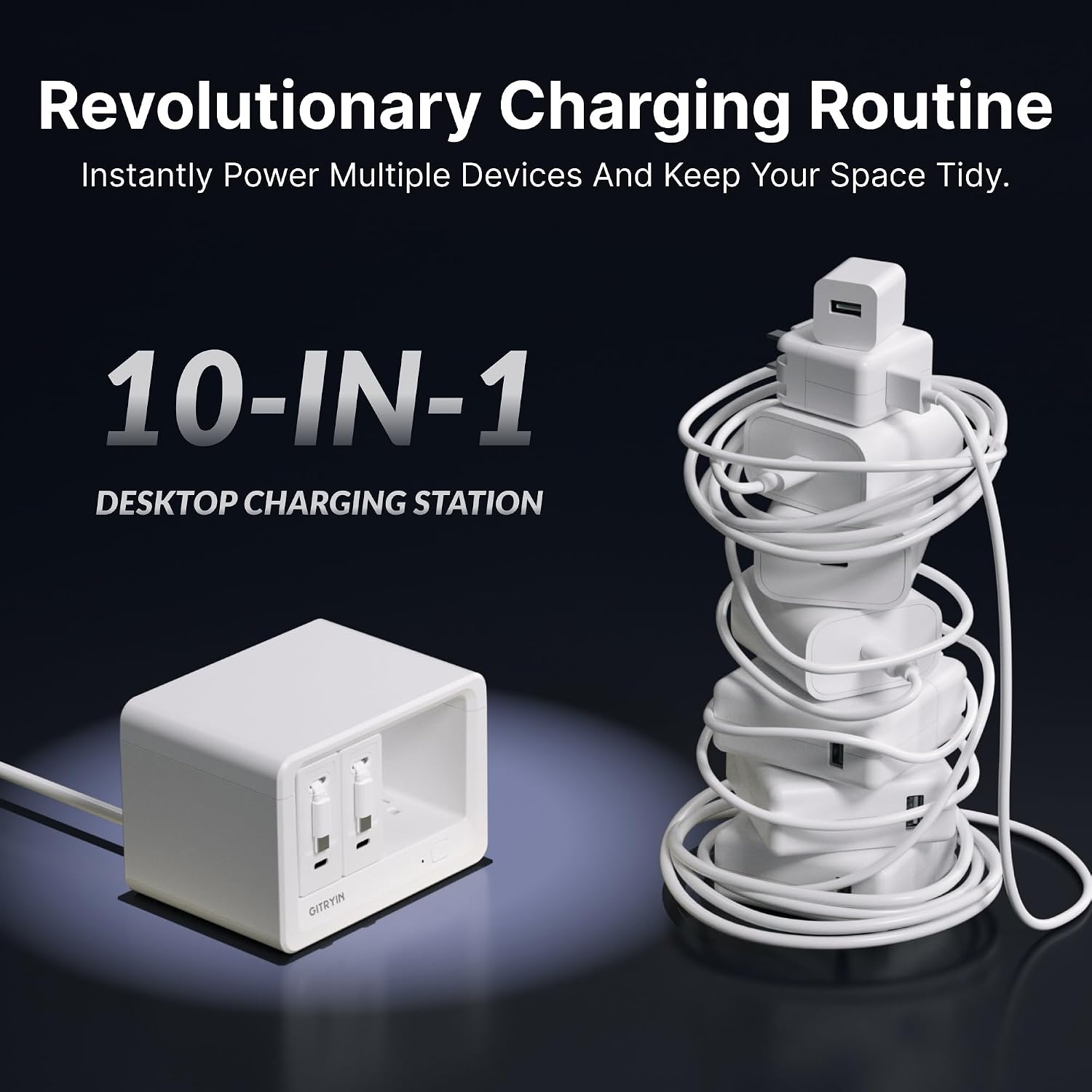 Gitryin 10-in-1 Desktop Charging Station with 2 Retractable Wall Chargers, 40W USB-C Power Strip with 6 AC, 2 USB C, 2 Type-C 33.5in Cables, Extension Cord with 1020J Surge Protection for Home Office