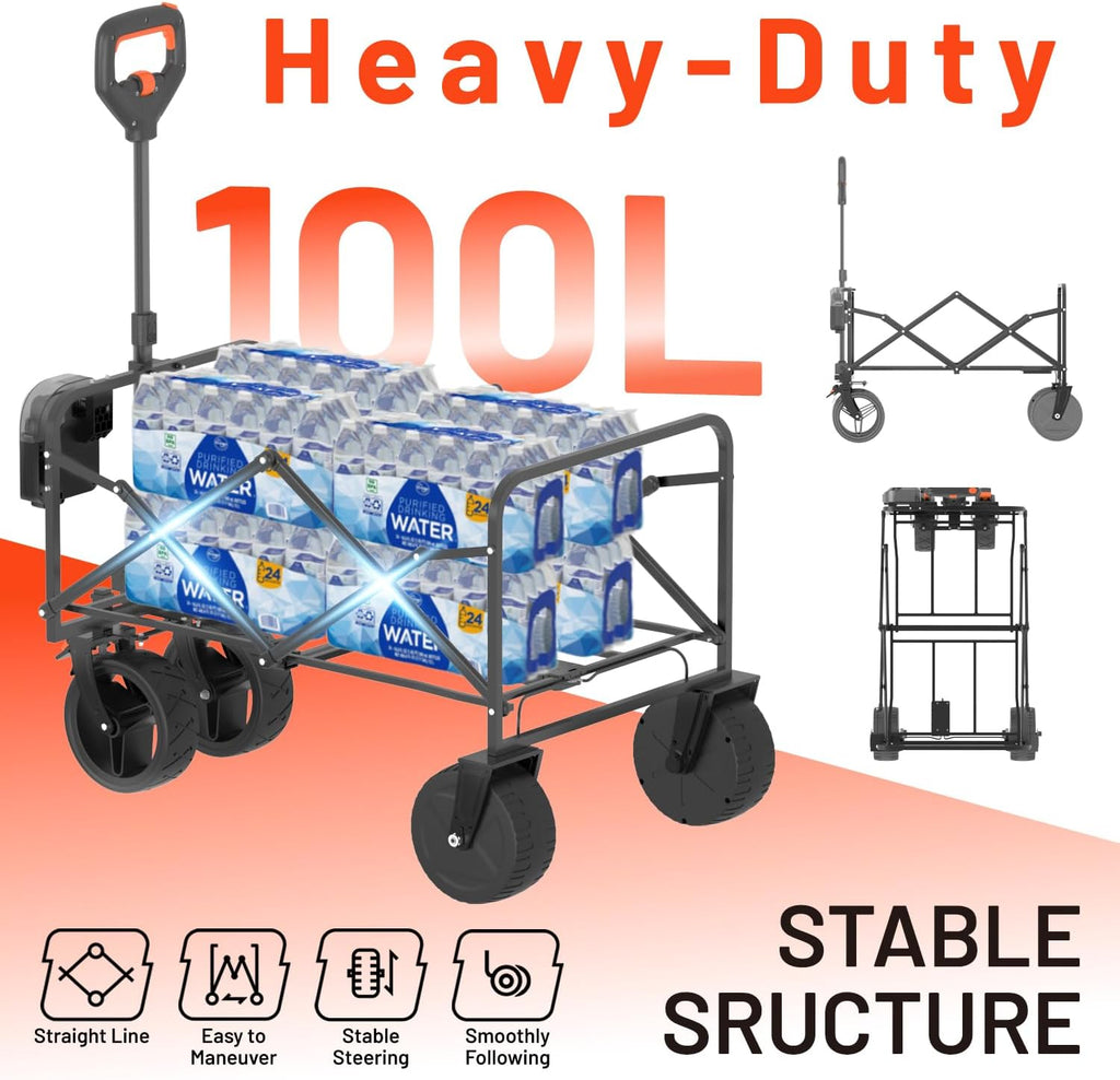 Litheli Electric Collapsible Wagon Cart with Brakes, 100L Grocery Cart with Wheels,Easy to Carry Folding Wagon for Camping, Gardening, Shopping