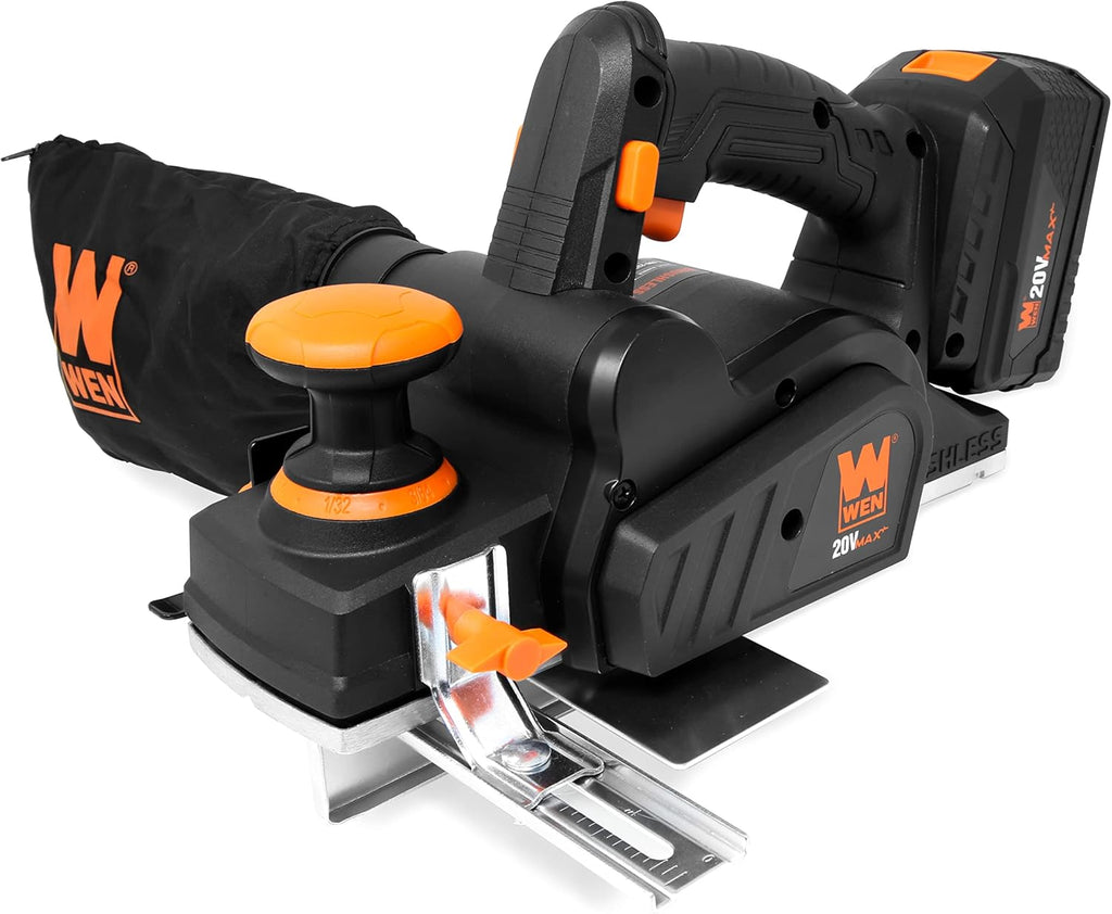 WEN Cordless Planer, Brushless with 3-1/4-Inch Blade, 20V Max 4.0 Ah Lithium-Ion Battery and Charger (20653)
