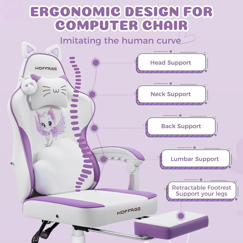 HOFFREE Gaming Chair with Cat Ears and Cloud Massage Lumbar Ergonomic Cute Computer Chair for Girls with Footrest Comfortable Reclining Game Chairs for Adults Purple and White