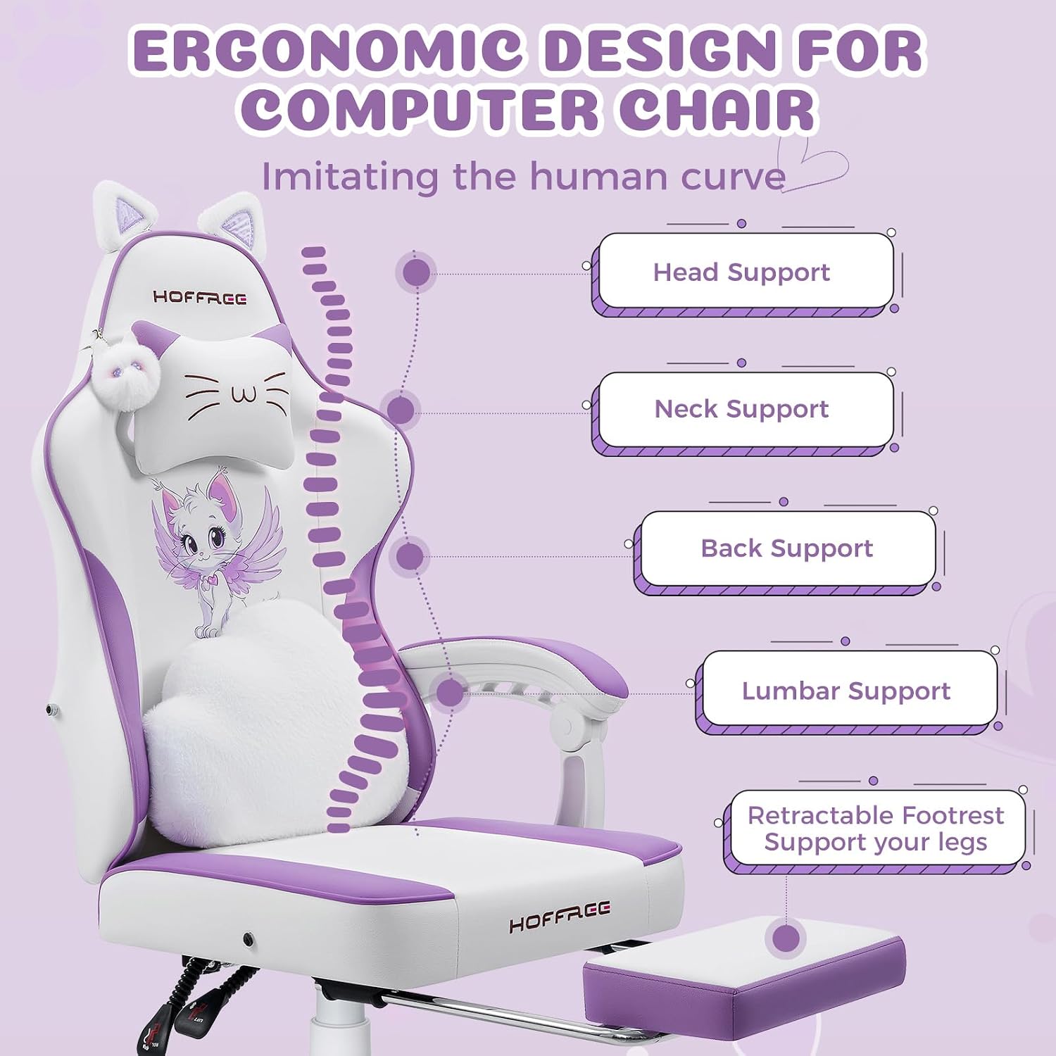 HOFFREE Gaming Chair with Cat Ears and Cloud Massage Lumbar Ergonomic Cute Computer Chair for Girls with Footrest Comfortable Reclining Game Chairs for Adults Purple and White