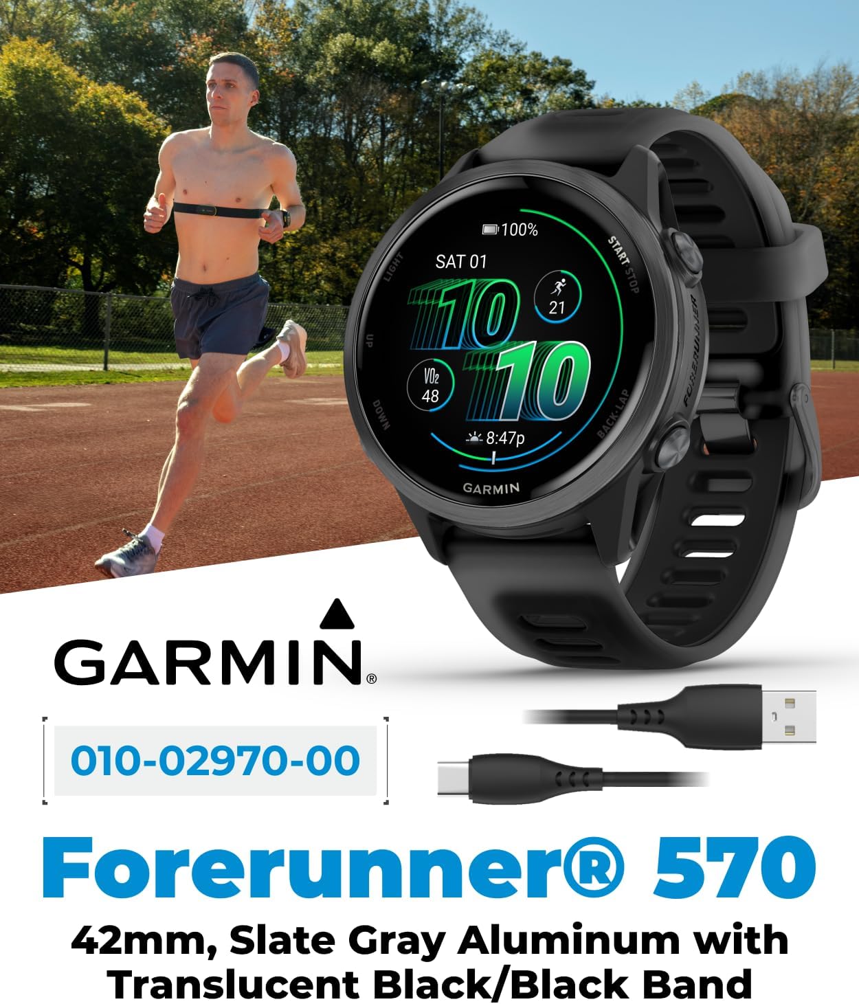 Garmin Forerunner 570 42mm Advanced GPS Running & Triathlon Smartwatch, AMOLED Display, Slate Gray Aluminum, Translucent Black & Black Band w/ Wearable4U BLK Earbuds Bundle