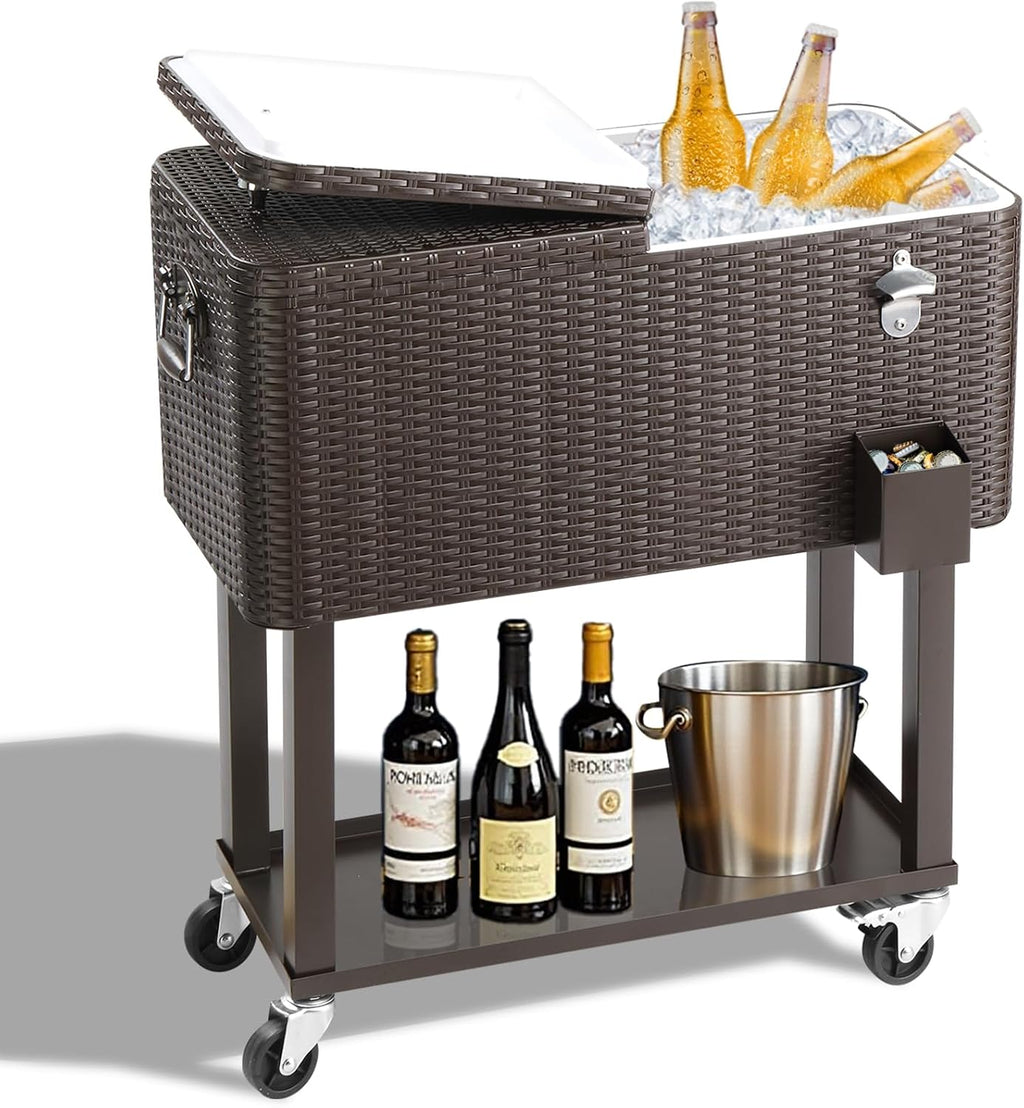 Outvita 80 Quart Rolling Ice Chest, Portable Bar Drink Cooler with Catch Basin, Bottom Storage Tray and Bottle Opener for Patio Party BBQ Beach Activities