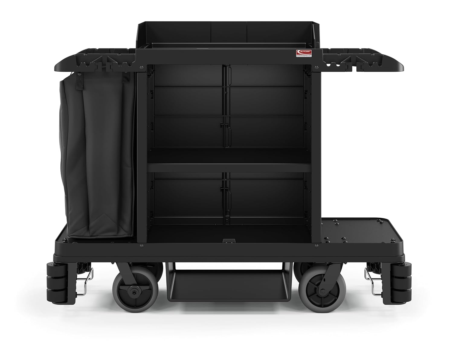 Suncast Commercial Standard Housekeeping Cart with Hanging Bag, Integrated Cleaning Tool Storage, 4-Tier Design, 56' Height x 22' Width, Made in The USA