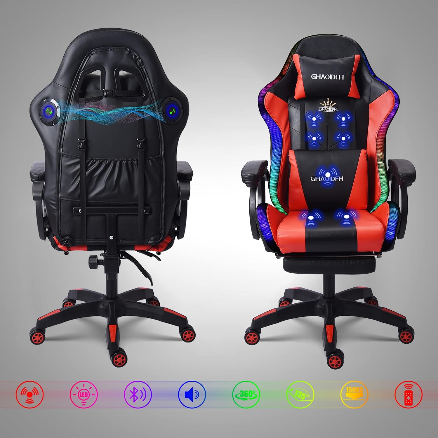Video Gaming Chair with Speaker and RBG Light, Ergonomic Computer Chair with Massage Function, Comfortable Computer Recliner with Footrest and Lumbar Support,Gaming Chair for Adults Kids.,Red