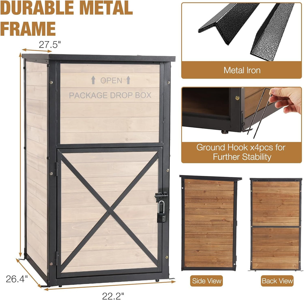 GUTINNEEN Package Delivery Box for Porch with Lockable Secure, Large Outdoor Parcel Storage Anti Theft -Waterproof Parcel Mailbox with Iron Frame & Natural Wood