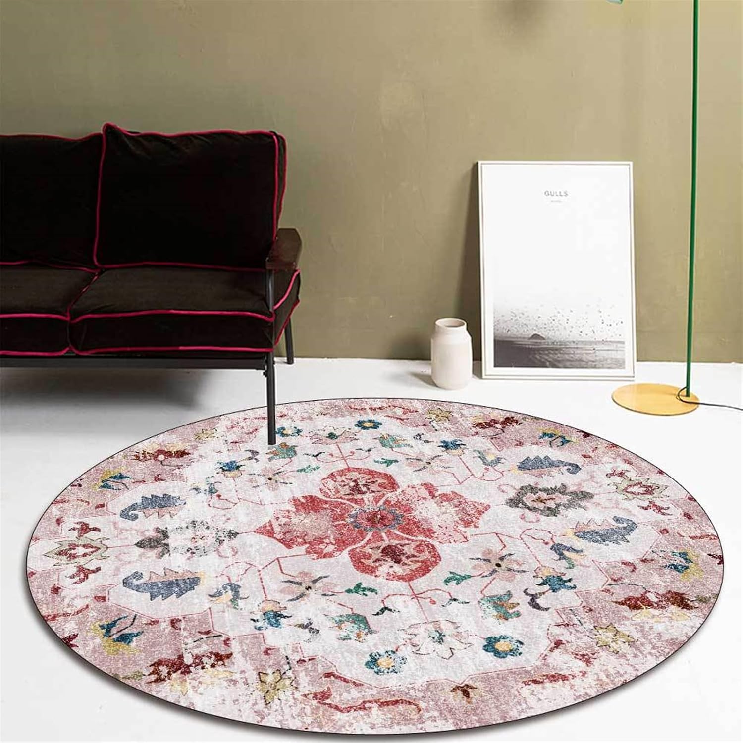 Office Chair Mat for Hardwood Floor, Vintage Computer Gaming Rolling Low Pile Carpet Floor Chair Mat, Anti-Slip Backing Round Desk Rug Floor Mat for Home