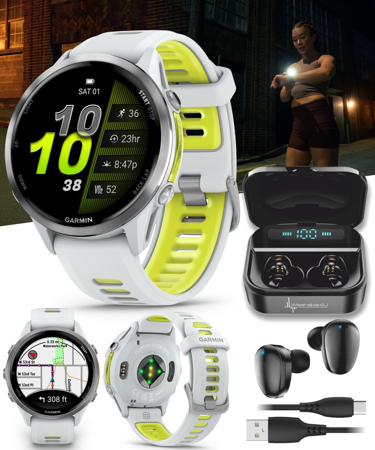 Wearable4U Garmin Forerunner 970 Titanium Smartwatch with Whitestone Case and Whitestone/Translucent Amp Yellow Band, AMOLED Display Black Earbuds Bundle