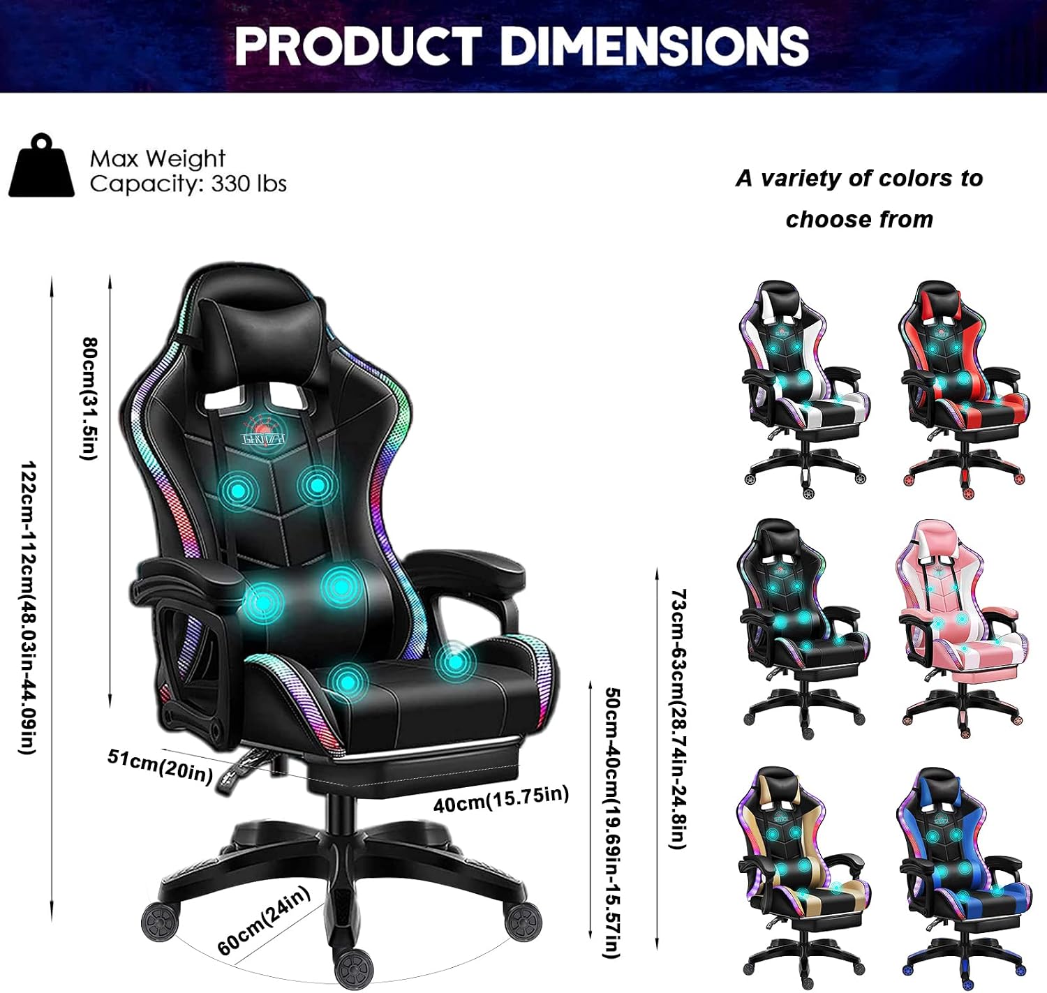 RGB Computer Chair with Footrest Massage Gaming Chair with Speakers Music Video Game Chair with Lumbar Pillow Support and Headrest High Back Gamer Chair Office Chair for Office or Gaming,Pink
