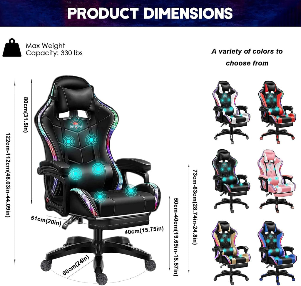 RGB Computer Chair with Footrest Massage Gaming Chair with Speakers Music Video Game Chair with Lumbar Pillow Support and Headrest High Back Gamer Chair Office Chair for Office or Gaming,Red