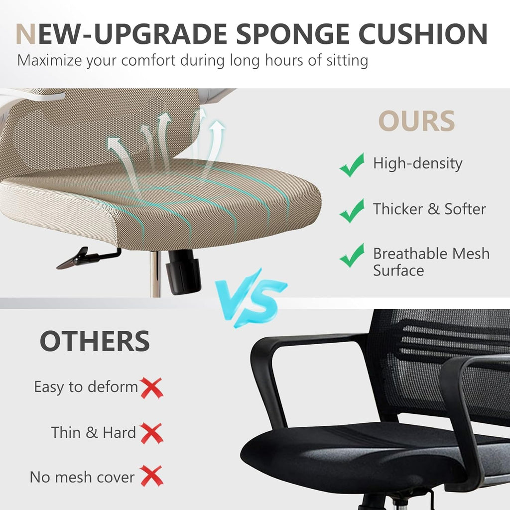 Ergonomic Office Chair with Adjustable Lumbar Support & Flip-Up Armrests - High Back Computer Desk Chair with Thickened Seat Cushion, Rolling Wheels for Home/Office Study Work (08khaki)