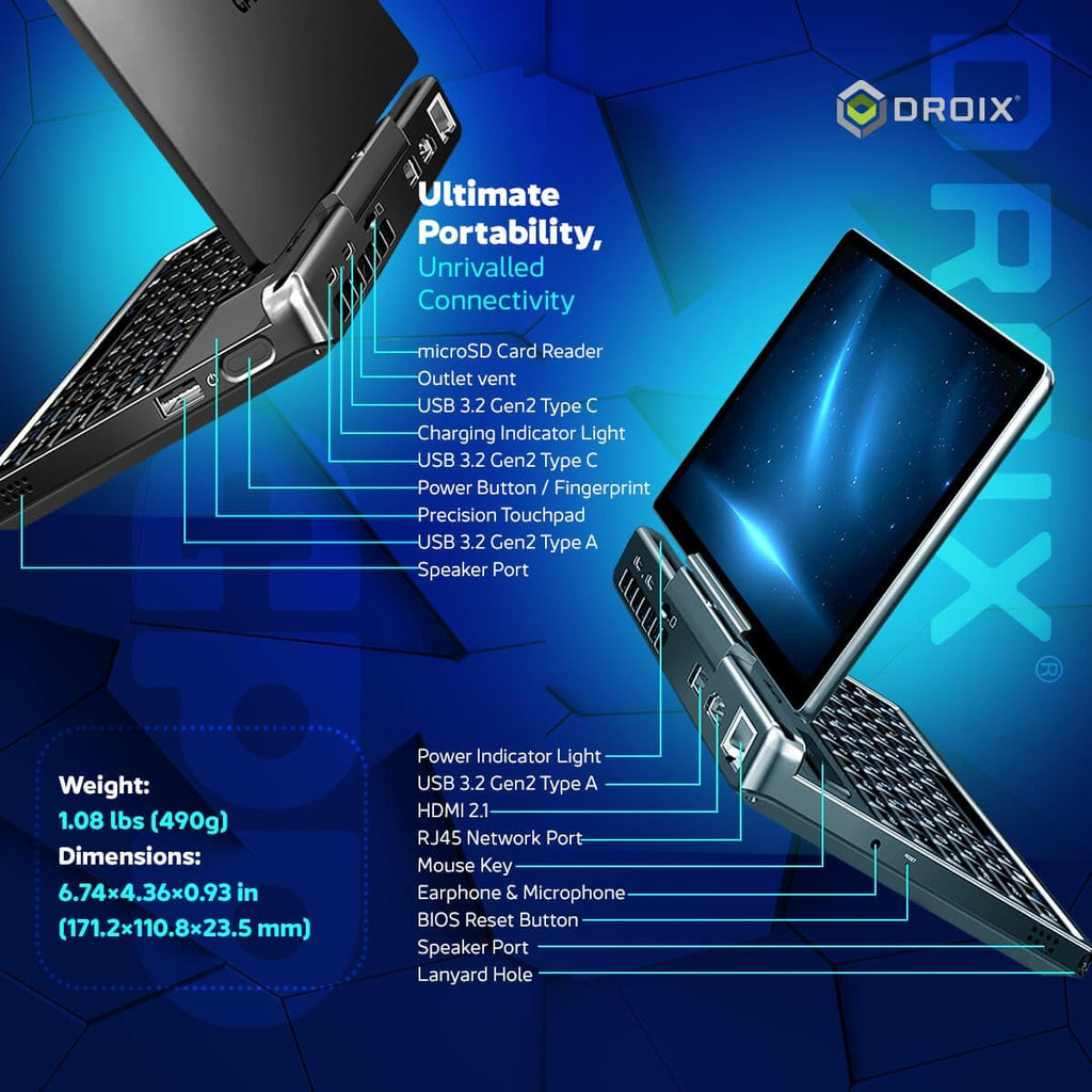 GPD MicroPC 2 | Portable Mini Laptop with 7' 1080P Display | with Intel Processor N300, UHD Graphics; 16GB LPDDR5, 512GB NVMe SSD; 2.5G Ethernet, USB-C, HDMI 2.1, Wi-Fi 6, BT 5.2
