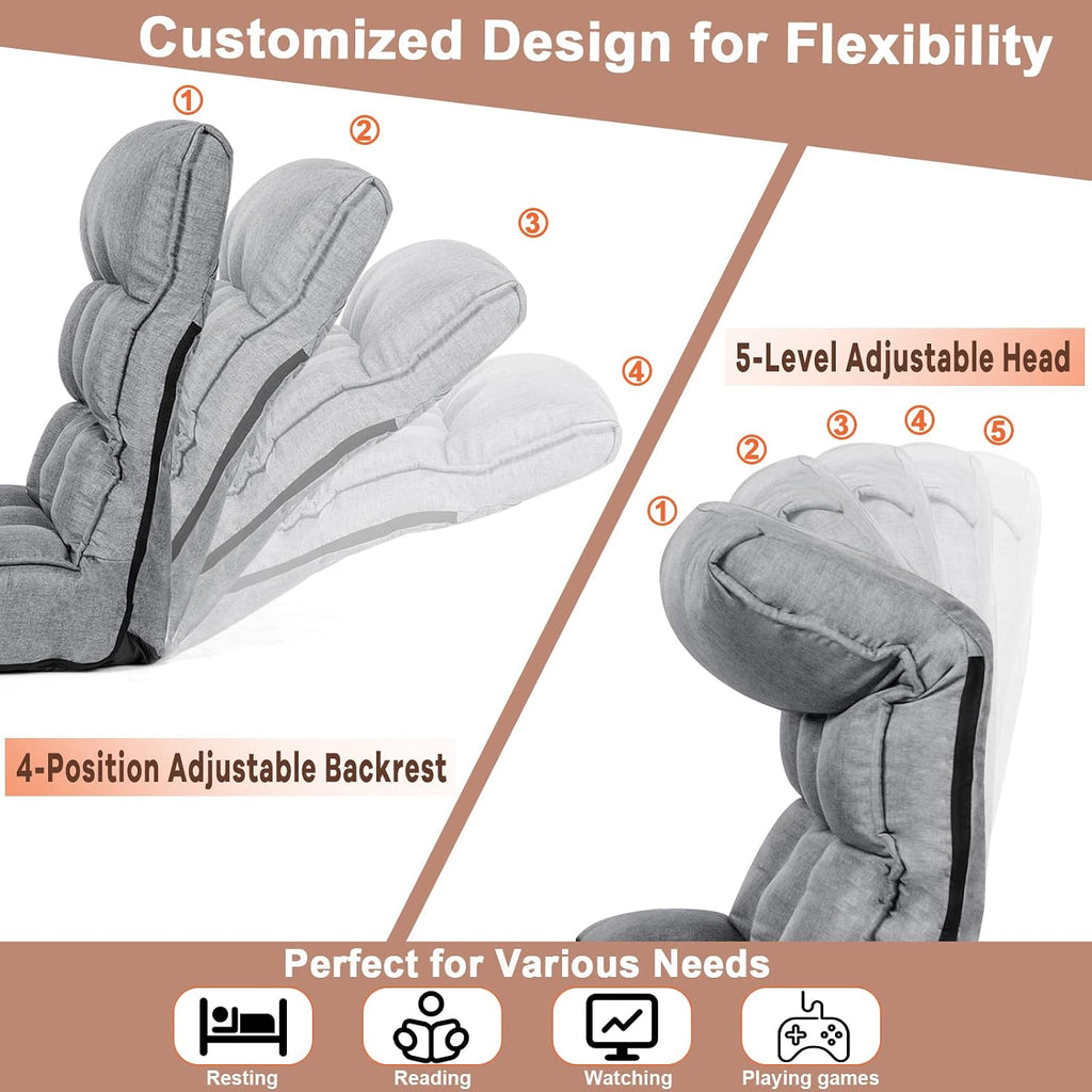 COSTWAY Folding Floor Lounge Chair, Floor Gaming Chair with 5-Position Adjustable Head & 4-Position Adjustable Backrest, Indoor Lazy Sofa Recliner for Bedroom, Living Room (Grey)