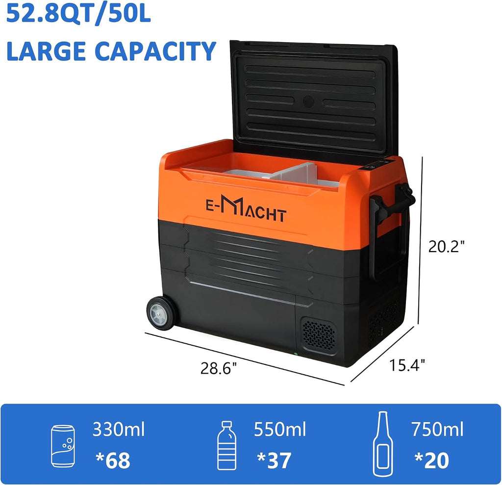 Portable Car Refrigerator with wheels, 12 Volt Freezer, 52.8 Quart (50 Liter) Dual Zone Cooler -4℉~68℉, WIFI APP Control Fridge 12/24V DC and 100-240V AC for RV, Truck, Boat, Camping