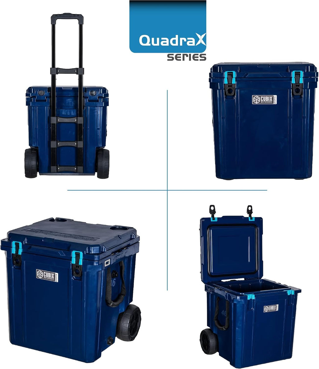 Cubix Outdoors QuadraX 46QT Wheeled Rotomolded Portable Hard Cooler for Camping, Fishing, Beach | Heavy Duty Insulated Ice Chest with Wheels and Handle | Cold Retention 5 Days