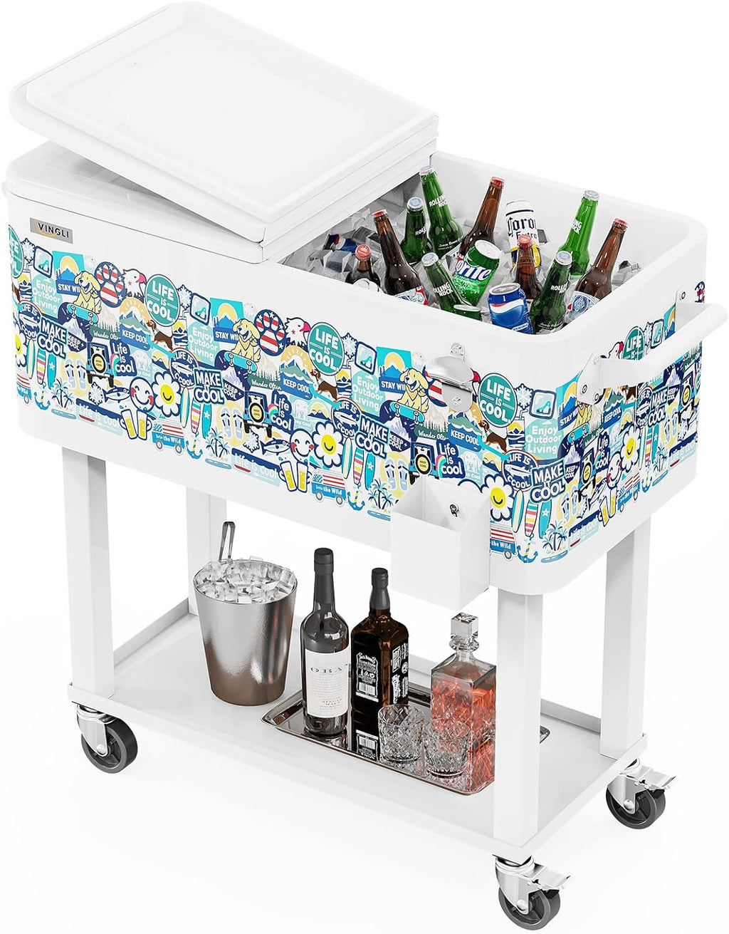 VINGLI Rolling Ice Chest, Portable Patio Party Bar Drink Cooler Cart, with Shelf, Beverage Pool with Bottle Opener