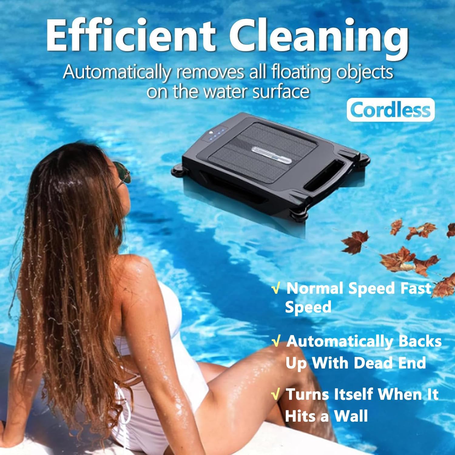 2025 New Upgrade Robotic Solar Pool Skimmer, 24/7 Cleaning, Dual Charging Modes, Smart Obstacle Avoidance, for Most Swimming Pool Types