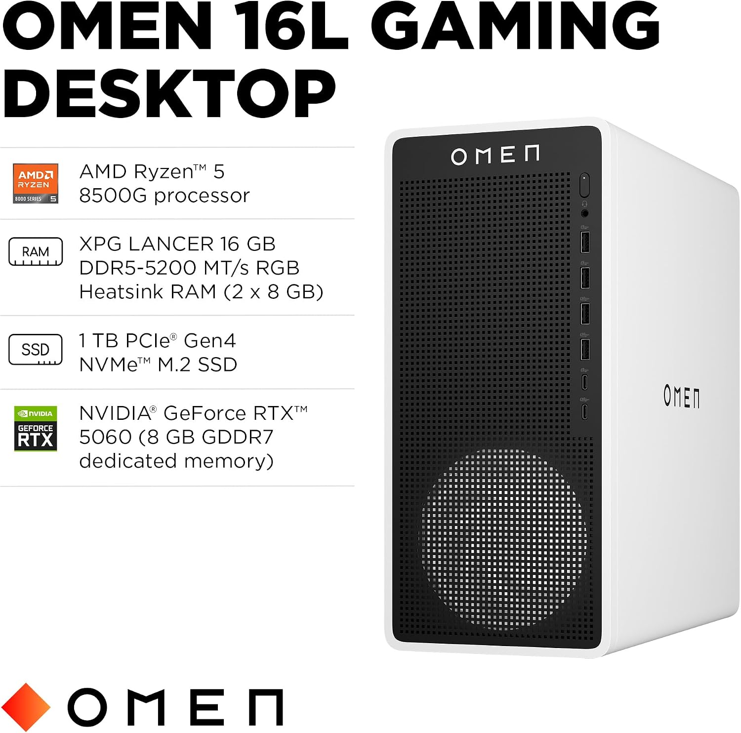 HP OMEN 16L Gaming Desktop PC, AMD Ryzen 5 8500G, 16 GB RAM, 1 TB SSD, NVIDIA GeForce RTX 5060, Windows 11 Home, Microsoft Copilot, Panda Metal, TG03-0020 (2025)