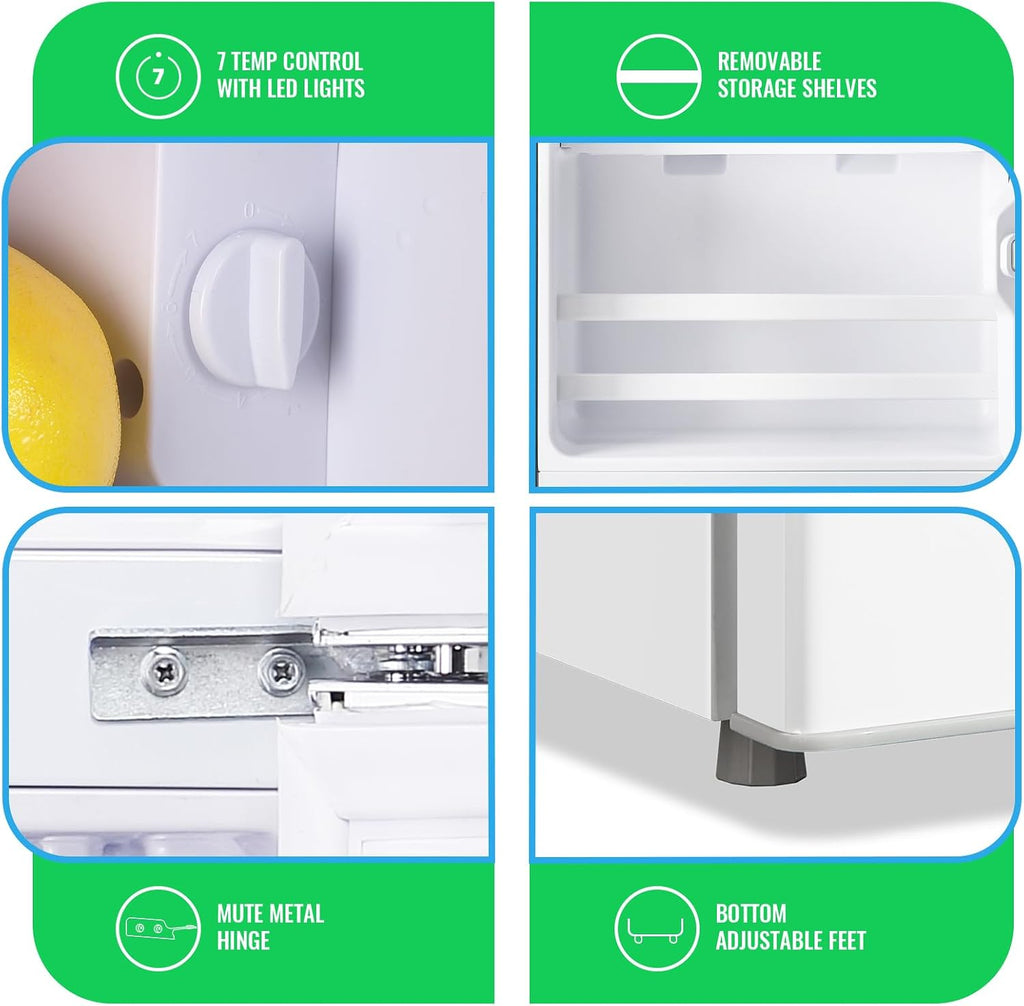DEMULLER 45L Mini Fridge with Top Freezer Small Refrigerator with Two Door & 7 Temperature Settings & 2 Remoable Shelves Ideal for Kitchen Office Apt White