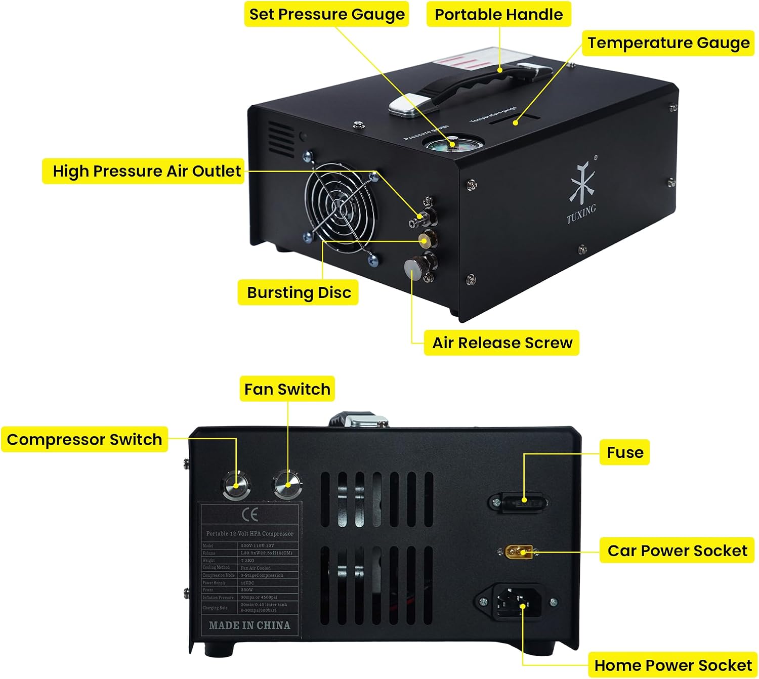 TUXING Portable PCP Air Compressor, 4500Psi/30Mpa, Auto Stop,Built-in Converter Powered by Car 12V DC or Home 110V AC,Paintball Tank Compressor with Extra Moisture-Oil Separator