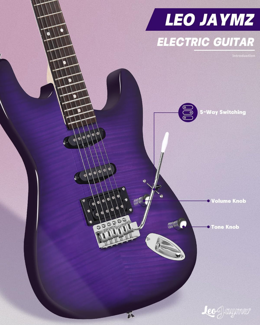 Leo Jaymz 39' Full Size ST Style Electric Guitar Starter Kit with SSH Pickup, 5W Portable Amp, Tuner, Gig Bag, Strap & Accessories (Violet Flame)