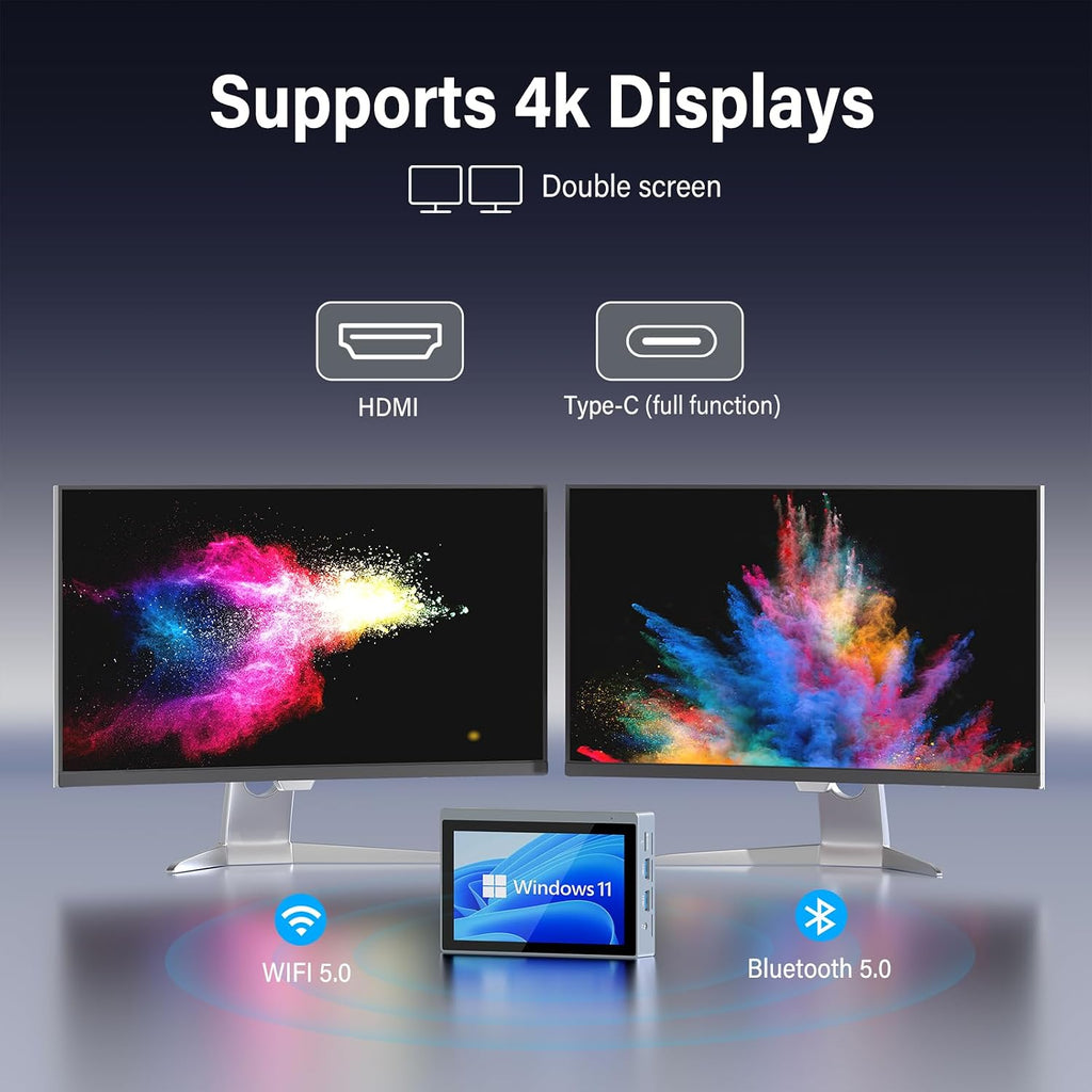 Mini PC Win 11 Pro,Celeron N5100 Mini Computer with Fan, 8GB DDR4,128GB ROM, USB-C Mini PC with Screen, Micro PC WiFi 5.0 BT5.0 4K 60Hz Triple Display with Battery,Mini Gaming Computer