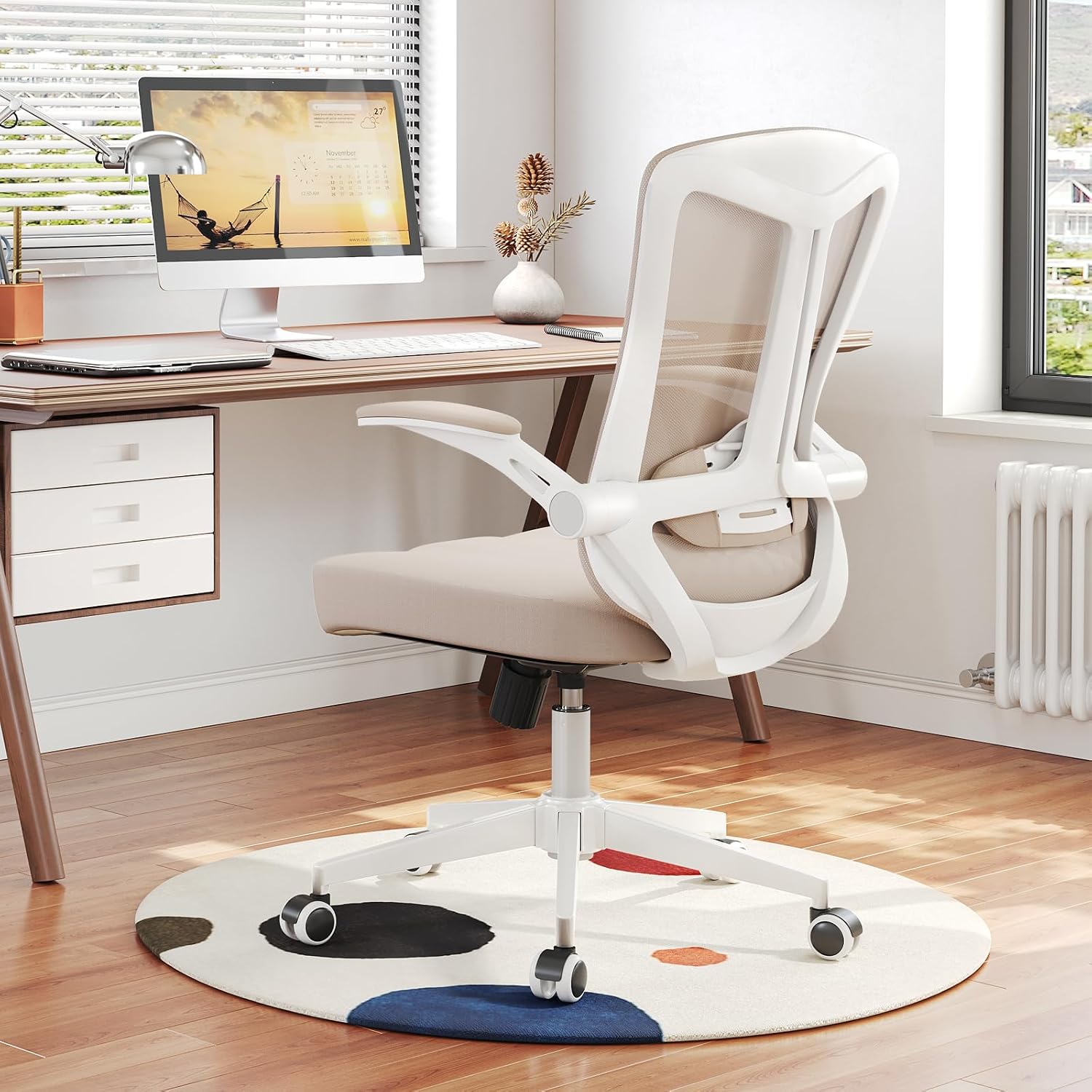 Ergonomic Office Chair with Adjustable Lumbar Support & Flip-Up Armrests - High Back Computer Desk Chair with Thickened Seat Cushion, Rolling Wheels for Home/Office Study Work (08khaki)