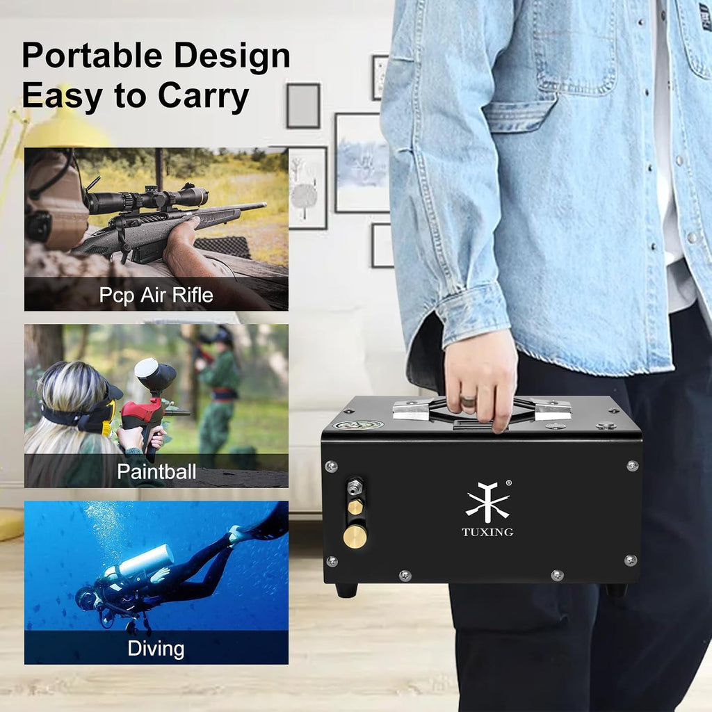TUXING PCP Air Compressor 4500Psi, 30Mpa Portable PCP Airgun Compressor with External Converter, Powered by 12V Car DC or Home 110V AC, for Air Gun and Paintball/Scuba Tank