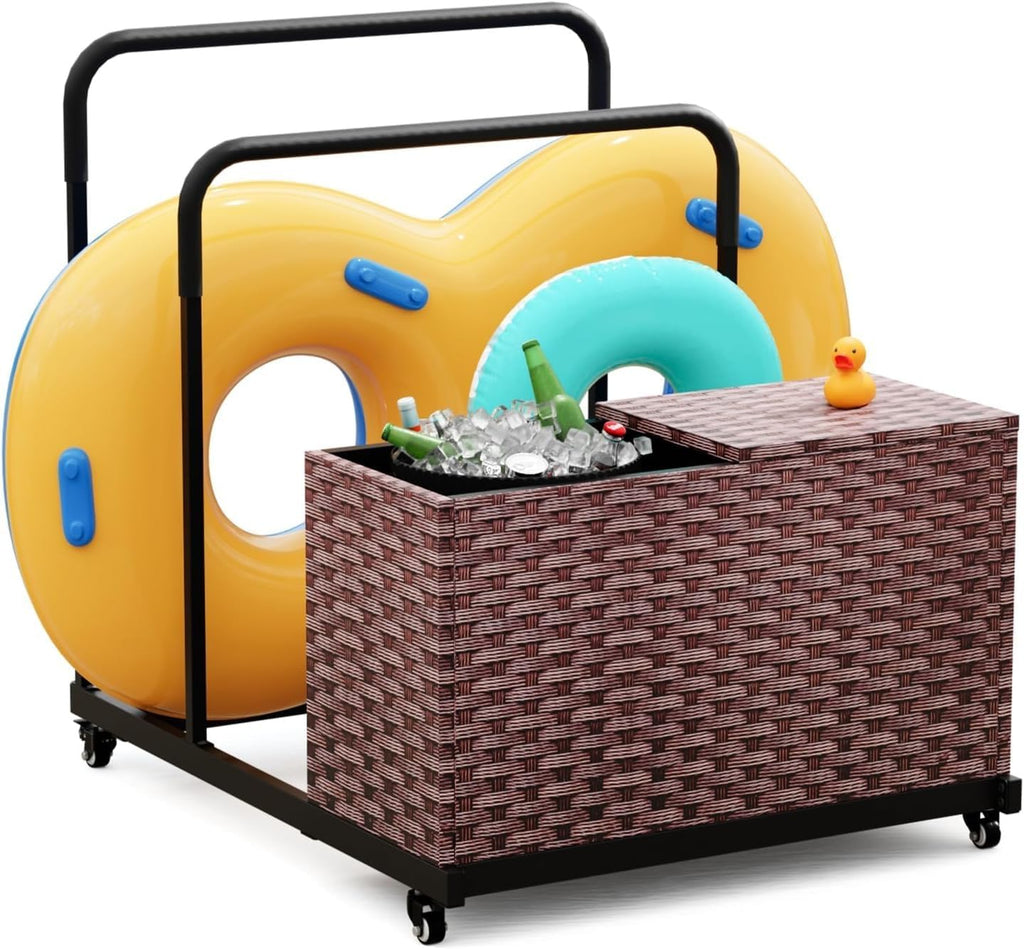 FONTOI Pool Storage, All-Weather Float Storage Organizer for Cushions, Pool Float Storage Bin with Wheels, Waterproof Metal with Rattan Pattern UV Print Outdoor Pool Towel Rack, Brown