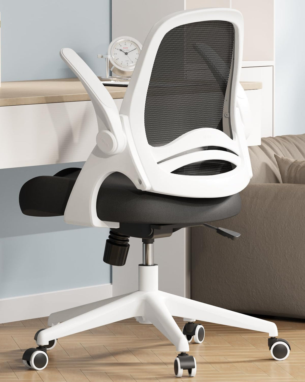 Hbada Office Desk Chair with Flip-Up Armrests and Saddle Cushion, Ergonomic Office Chair with S-Shaped Backrest, Swivel, Mesh, White