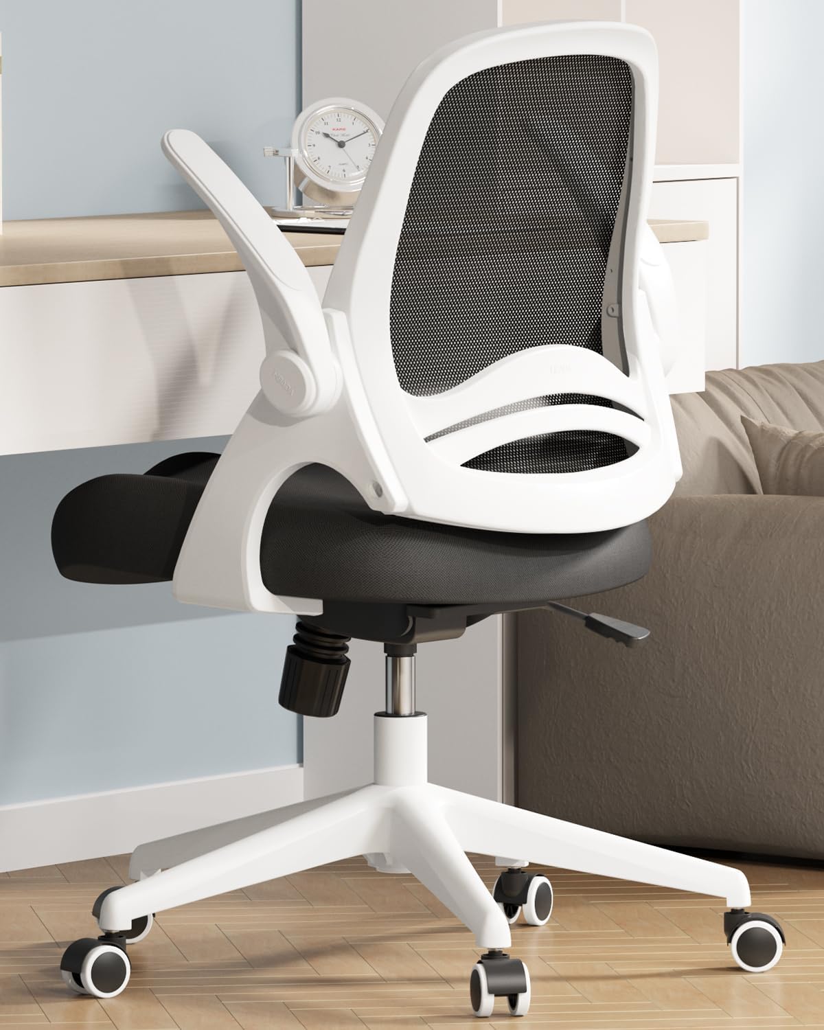 Hbada Office Desk Chair with Flip-Up Armrests and Saddle Cushion, Ergonomic Office Chair with S-Shaped Backrest, Swivel, Mesh, White
