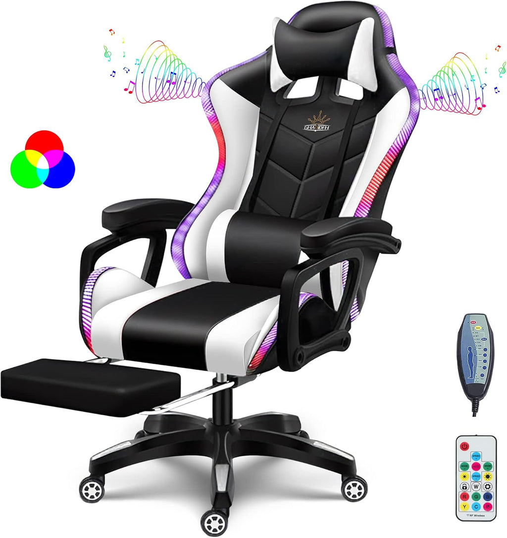 RGB Gaming Chair with Speakers Ergonomic Massage Computer Chair with Footrest Lumbar Support Headrest PU Leather 360°Swivel Recliner Chair High Back Video Game Chair for Adult Teens,White