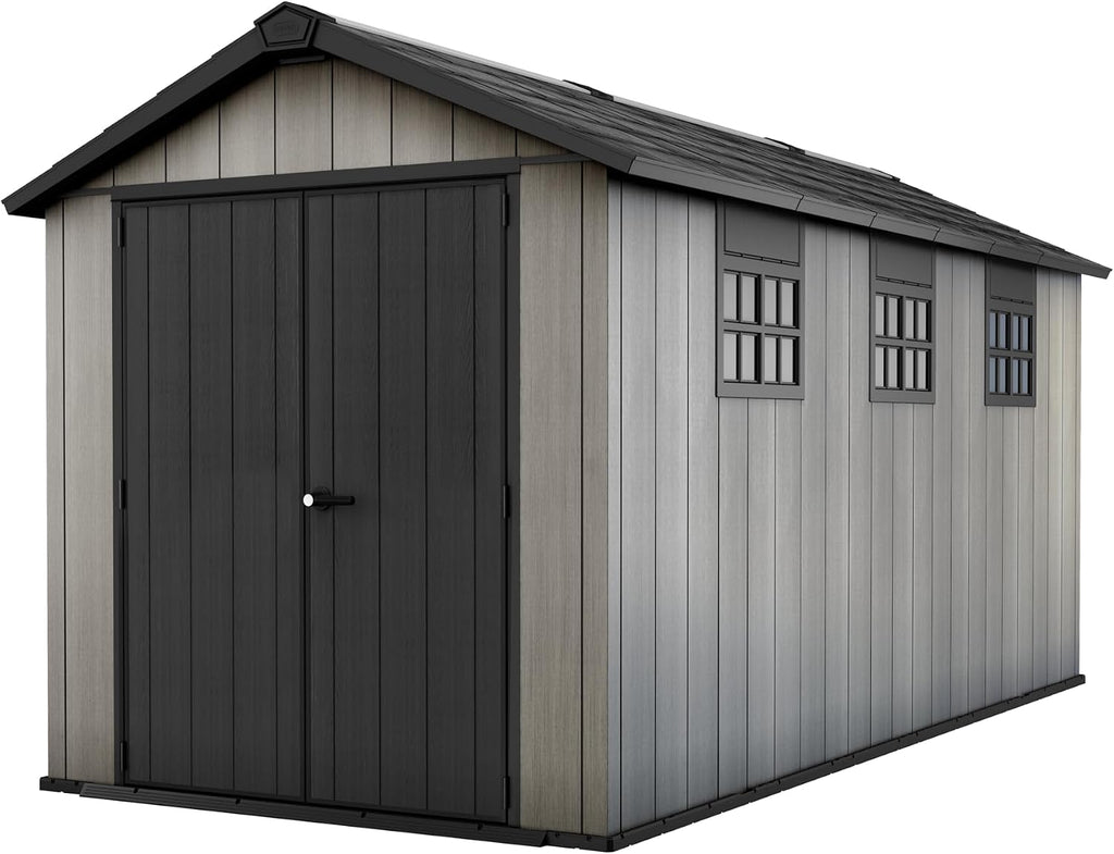 Keter Oakland Extension 7.5x15 Ft All-Weather Storage Shed with Skylight, Window, Built-in Ventilation, Customizable Walls, & Lockable Double Doors, Grey