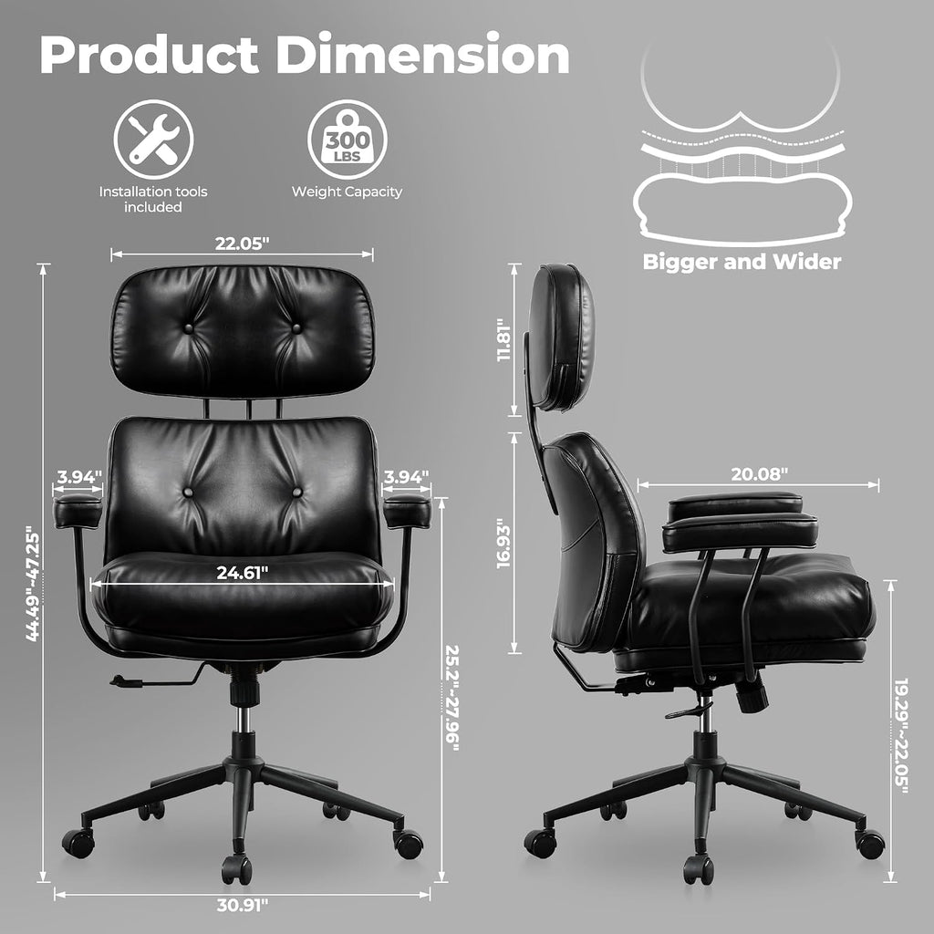 ovios Ergonomic Office Chair, High Back Faux Leather Executive Chairs with Thick Cushion, Comfy Mid-Century Modern Swivel Rolling Computer Armchair (Black, PU Leather)