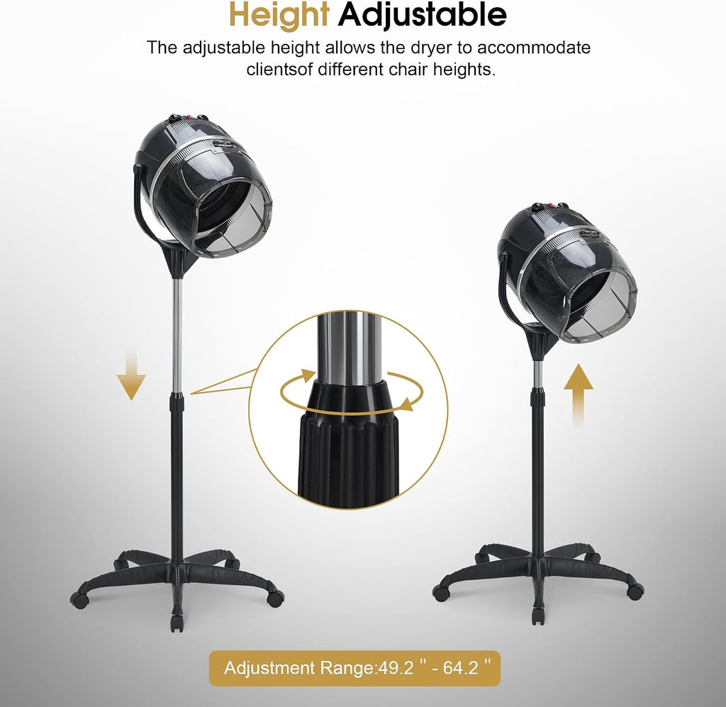 BarberPub 1300W Hooded Hair Bonnet Dryer with Stand, Height Adjustable Floor Standing Rolling Base, Beauty Salon Equipment with 360° Rotation VHD08 (All Black)