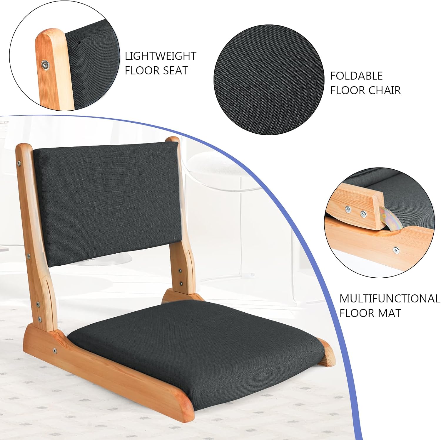Japanese Floor Chair with Back Support, Foldable Meditation Chair, Legless Tatami Chair with Cushion, Floor Seat for Living Room, Bedroom, Bay Window (2, Black) (2, Black)