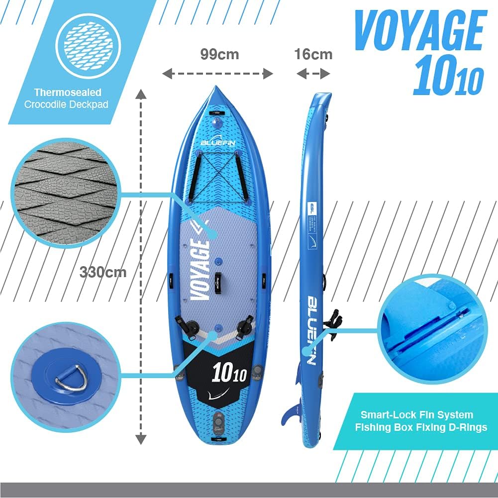 Bluefin SUP Voyage 10'10 Package with Cooler Box | Ultimate Activity Stand Up Inflatable Paddle Board | Added Stability | 20% Extra Width | Side Rails | 2X Fishing Rod Mounts | 5 Year Warranty