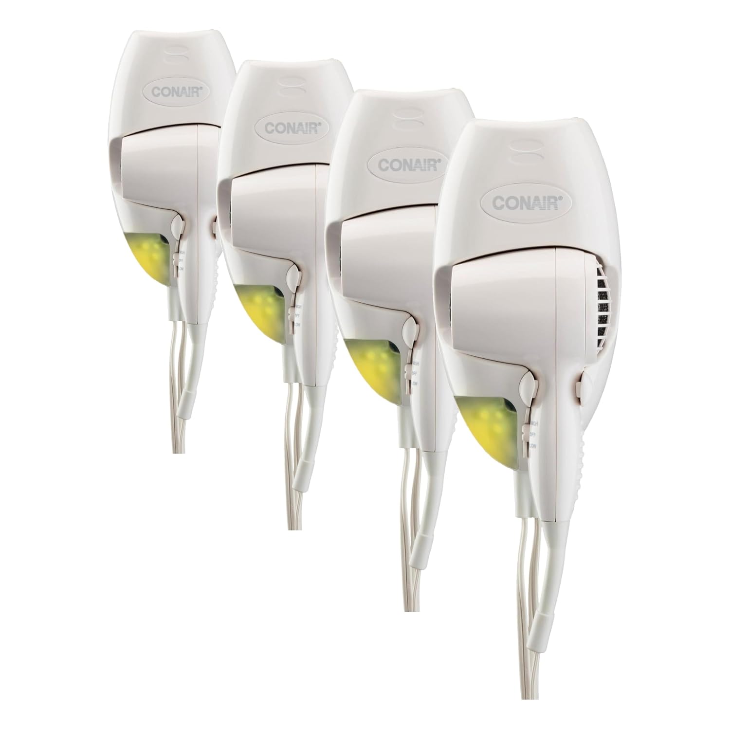 Conair Wall-Mount Hair Dryer,1600W Blow Dryer with LED Nightlight,2 Heat 2 Speed Settings,White,(Pack of 4)