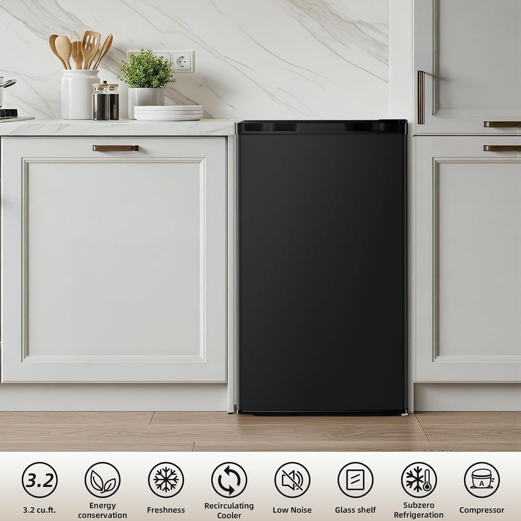 Antarctic Star 3.2 Cu.Ft.Compact Refrigerator with Freezer, Mini Fridge Single Door with Adjustable Thermostat,Removable Glass Shelves for Apartment,Dorm,Office,Kitchen，BLACK