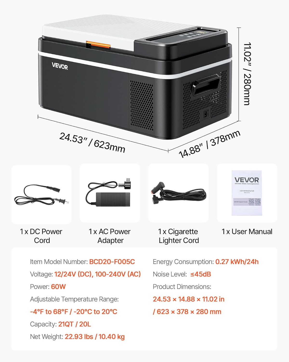 VEVOR Car Refrigerator, DC 12/24V AC100-240V Compressor Electric Cooler, -4°F to 68°F Car Fridge with APP Control, 21 QT Cars Freezer for RVs, Campsites, Boats, Camping, Fishing, 60W Portable Freezer