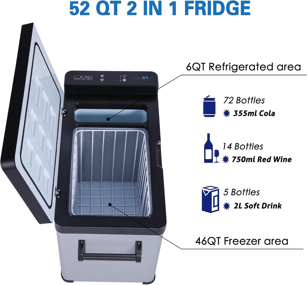 52-Quart Portable Refrigerator Freezer, 2 IN 1, -7.6°F to 68°F Quick Cooling 12V Portable Car Refrigerator with LCD Display for Home, Shockproof Large Cooler for Outdoor RV Camping Travel, One Door