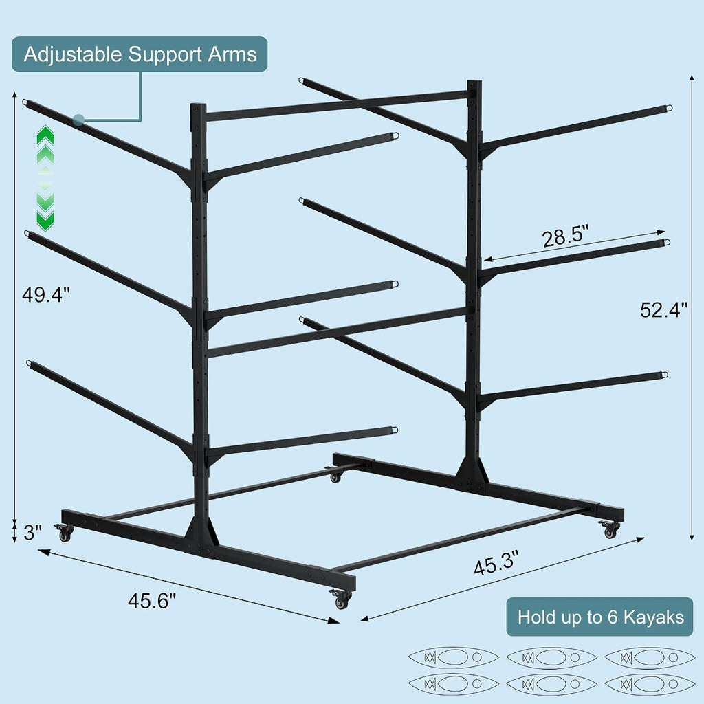 RELIANCER Freestanding Kayak Storage Rack w/Wheel,Adjustable Kayak Stand for Boat Dock,Garage,Indoor & Outdoor Canoe and Kayaks Holder,Water Sport Watercraft Storage Rack for SUP,Surfboard