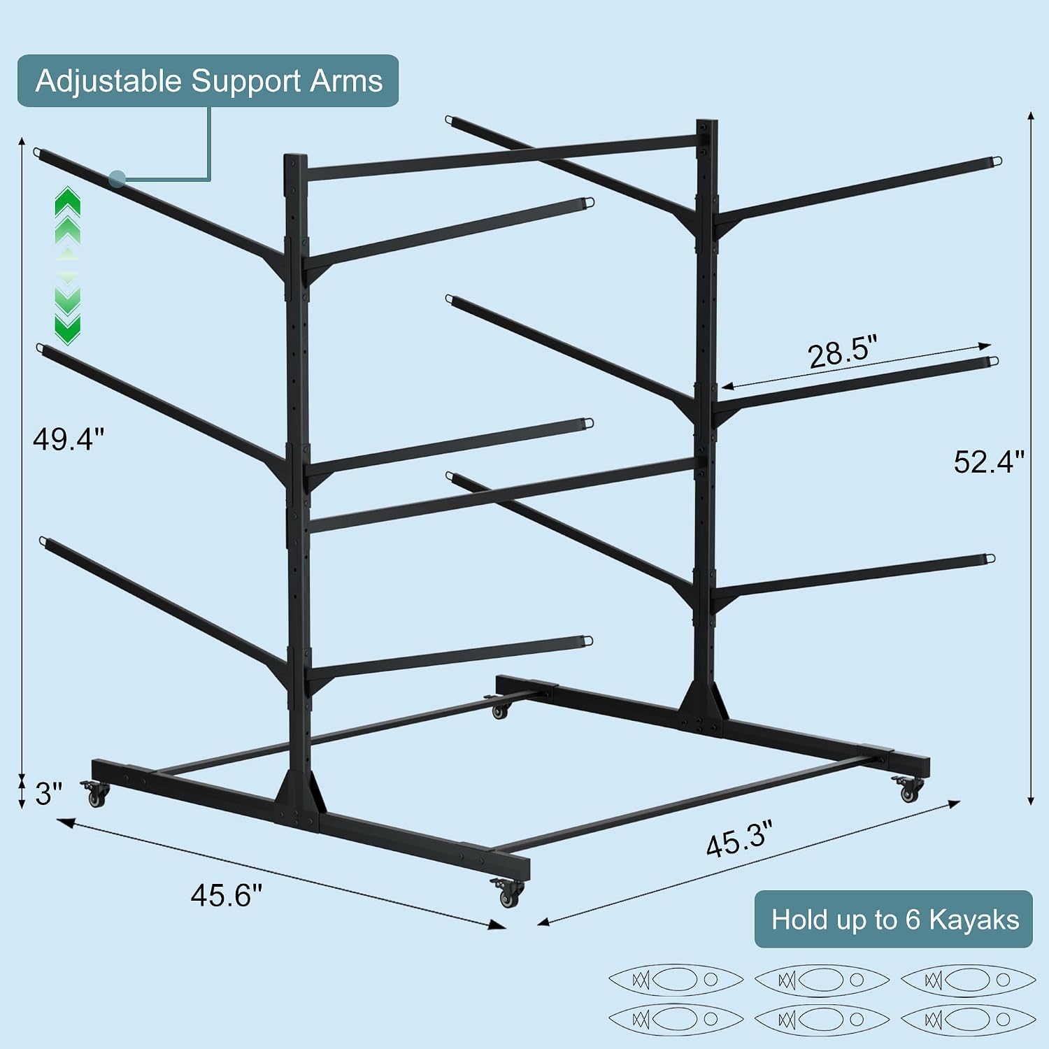 RELIANCER Freestanding Kayak Storage Rack w/Wheel,Adjustable Kayak Stand for Boat Dock,Garage,Indoor & Outdoor Canoe and Kayaks Holder,Water Sport Watercraft Storage Rack for SUP,Surfboard