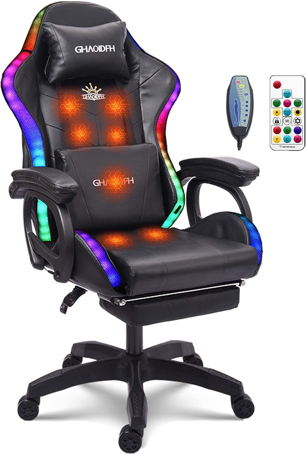 Massage Gaming Chair with Speakers and LED Light, Ergonomic Computer Gaming Chair with Footrest and Adjustable Lumbar Support, PU Leather, 90°-135°, Racing Video Gaming Chair.,Black