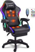 Massage Gaming Chair with Speakers and LED Light, Ergonomic Computer Gaming Chair with Footrest and Adjustable Lumbar Support, PU Leather, 90°-135°, Racing Video Gaming Chair.,Black