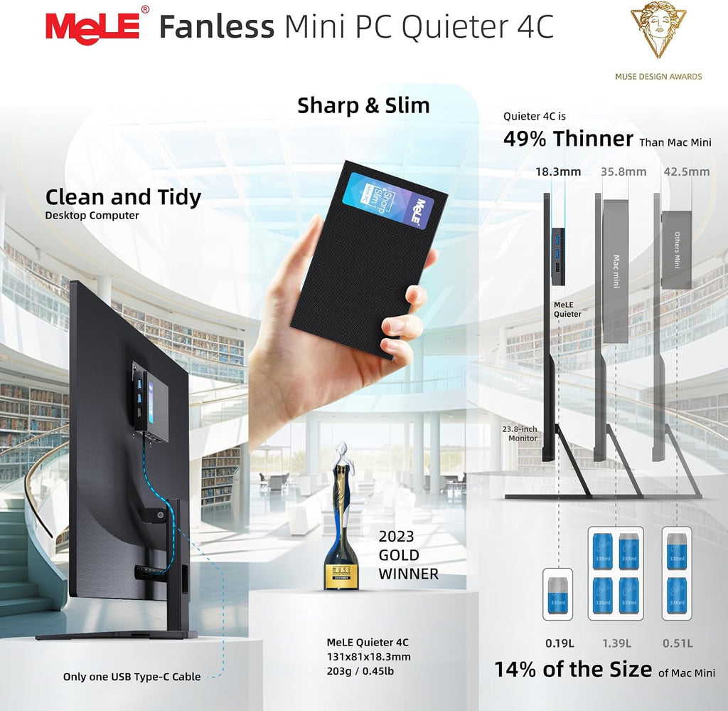 MeLE Quieter4C Fanless N150 Mini PC 8GB LPDDR5 128GB eMMC Win11pro Ultrathin Micro PC 2X HDMI + USB-C 4K Triple Display 2.4G/5GHz WiFi BT5.1 GbE Small Desktop Computer on Office IoT Digital Signage