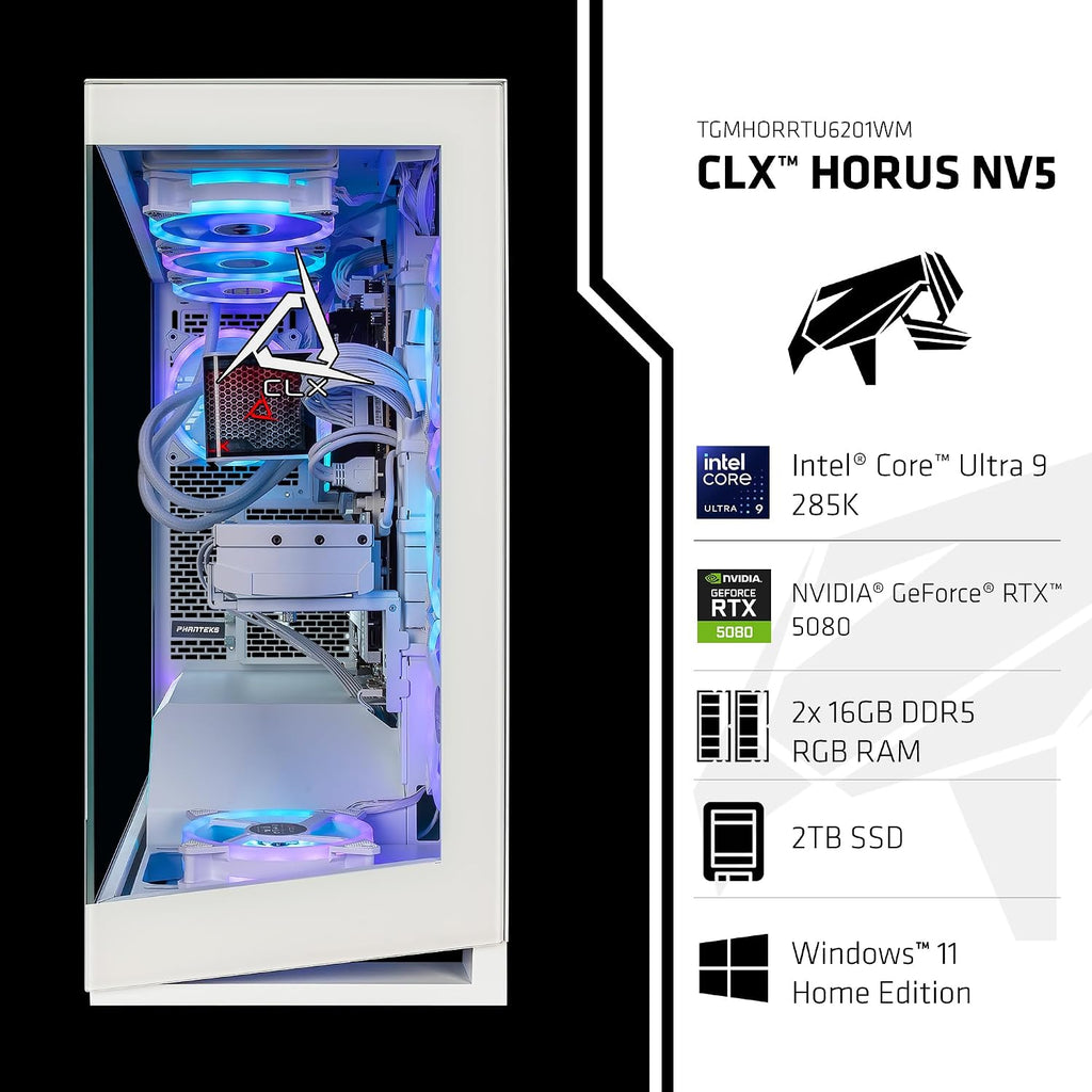 CLX Horus Gaming PC - Intel Core Ultra 9 285K 3.7GHz, GeForce RTX 5080, 2TB SSD, 32GB DDR5 RGB Memory, 360mm AIO, WiFi, Windows 11 Home, White, AI-Accelerated